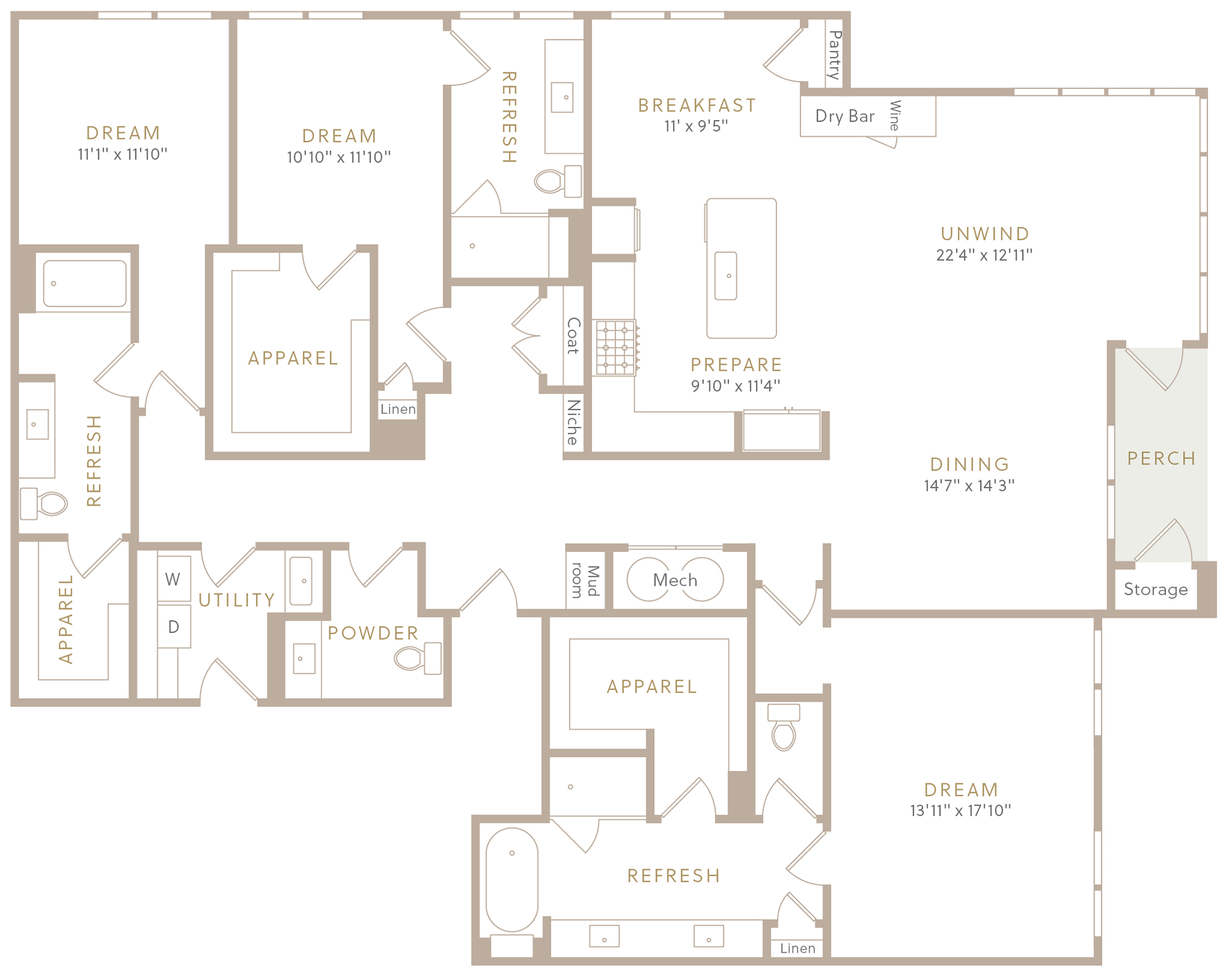 Floor plan for 3 beds, 3 baths, 2596 sqft